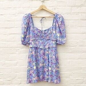 For Love & Lemons || Charlene Puff Sleeve Mini Dress Keyhole Ruffle Floral S NWT